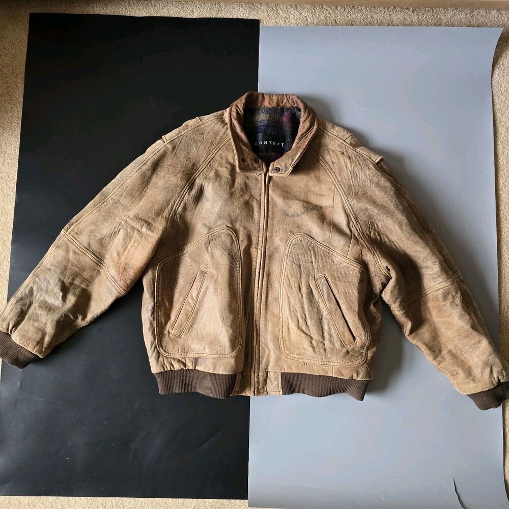 Vintage Context Leather Jacket Mens (L-XL) Brown Bomber Aztec Blanket Lined